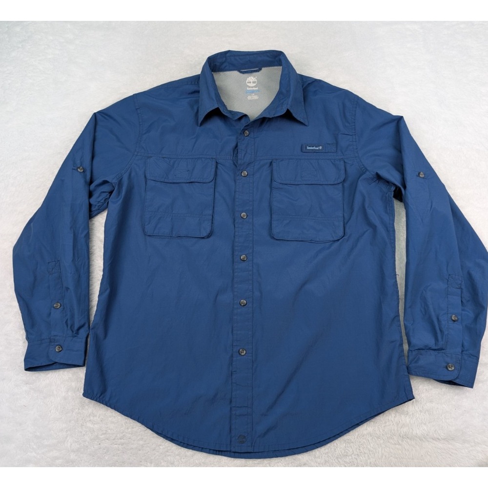 Timberland Vented Button Shirt Men's L Solid Blue Cotton Blend Long Sleeve